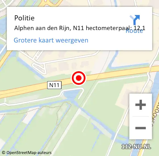 Locatie op kaart van de 112 melding: Politie Alphen aan den Rijn, N11 hectometerpaal: 12,1 op 6 september 2024 20:07