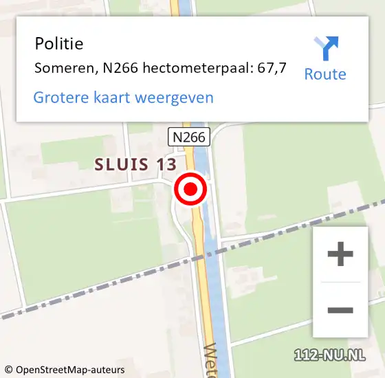 Locatie op kaart van de 112 melding: Politie Nederweert, N266 hectometerpaal: 67,7 op 6 september 2024 20:27