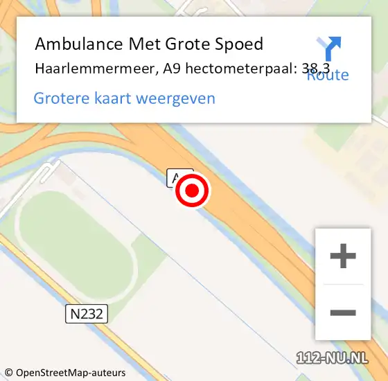 Locatie op kaart van de 112 melding: Ambulance Met Grote Spoed Naar Haarlemmermeer, A9 hectometerpaal: 38,3 op 6 september 2024 20:51