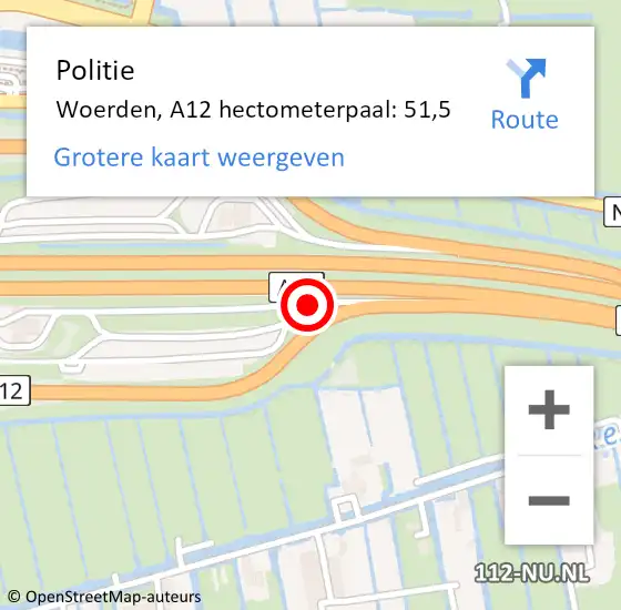 Locatie op kaart van de 112 melding: Politie Woerden, A12 hectometerpaal: 51,5 op 6 september 2024 21:08