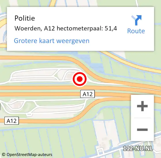 Locatie op kaart van de 112 melding: Politie Woerden, A12 hectometerpaal: 51,4 op 6 september 2024 21:08