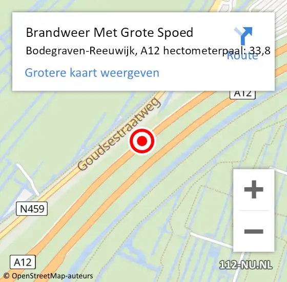 Locatie op kaart van de 112 melding: Brandweer Met Grote Spoed Naar Bodegraven-Reeuwijk, A12 hectometerpaal: 33,8 op 6 september 2024 21:11