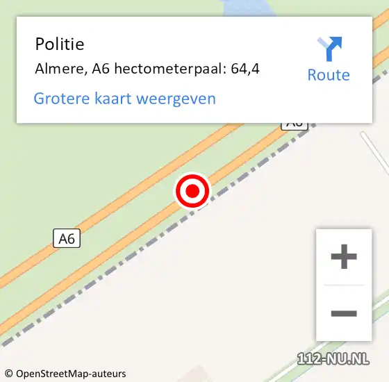 Locatie op kaart van de 112 melding: Politie Almere, A6 hectometerpaal: 64,4 op 6 september 2024 21:19