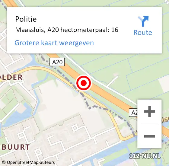 Locatie op kaart van de 112 melding: Politie Maassluis, A20 hectometerpaal: 16 op 6 september 2024 21:56