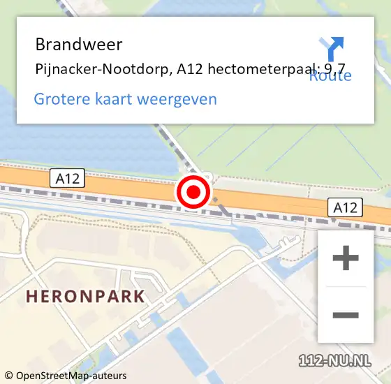 Locatie op kaart van de 112 melding: Brandweer Pijnacker-Nootdorp, A12 hectometerpaal: 9,7 op 6 september 2024 22:49