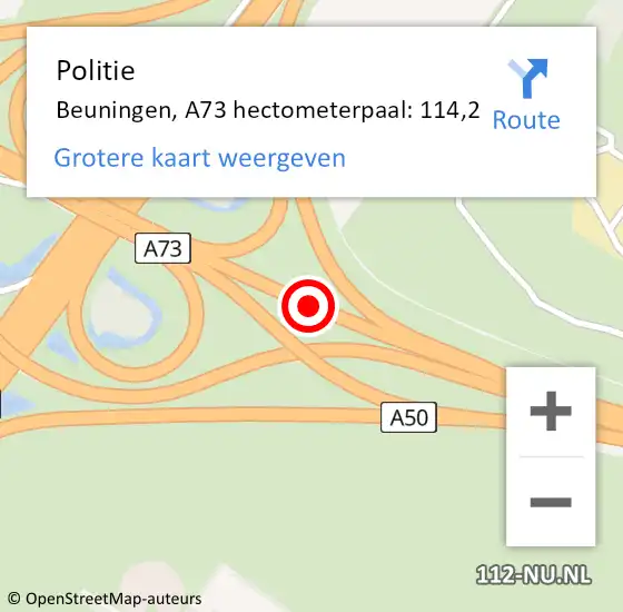 Locatie op kaart van de 112 melding: Politie Beuningen, A73 hectometerpaal: 114,2 op 6 september 2024 22:57