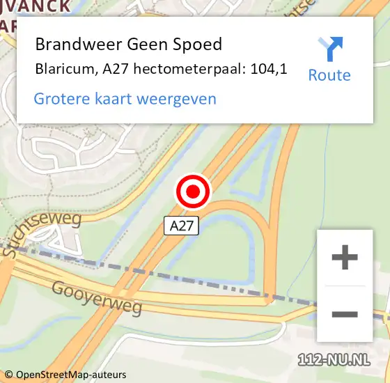 Locatie op kaart van de 112 melding: Brandweer Geen Spoed Naar Blaricum, A27 hectometerpaal: 104,1 op 7 september 2024 00:23