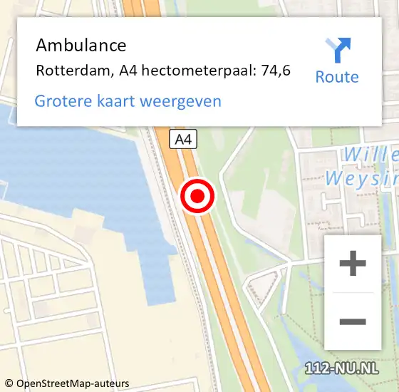 Locatie op kaart van de 112 melding: Ambulance Rotterdam, A4 hectometerpaal: 74,6 op 7 september 2024 00:35