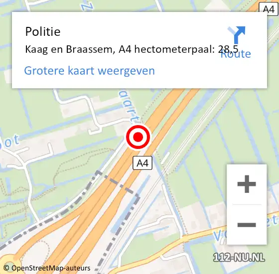 Locatie op kaart van de 112 melding: Politie Kaag en Braassem, A4 hectometerpaal: 28,5 op 7 september 2024 01:36