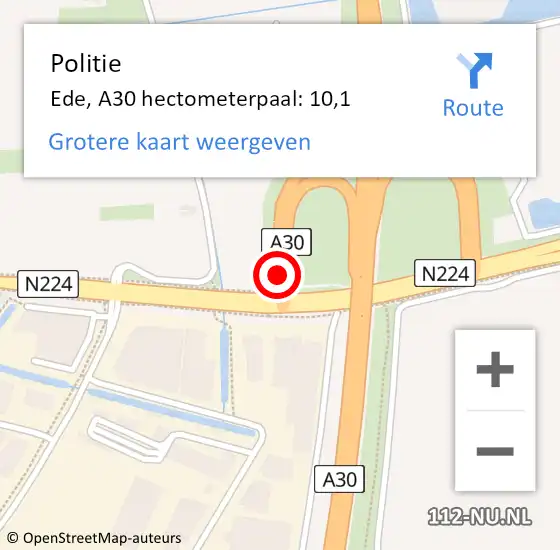 Locatie op kaart van de 112 melding: Politie Ede, A30 hectometerpaal: 10,1 op 7 september 2024 04:09