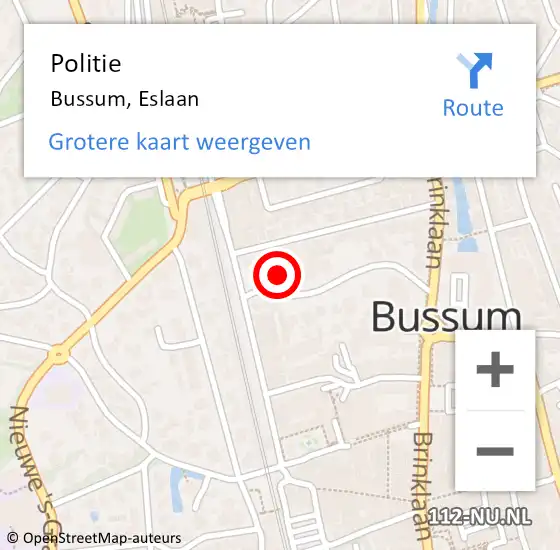 Locatie op kaart van de 112 melding: Politie Bussum, Eslaan op 7 september 2024 04:27