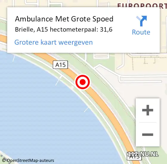 Locatie op kaart van de 112 melding: Ambulance Met Grote Spoed Naar Brielle, A15 hectometerpaal: 31,6 op 7 september 2024 07:07