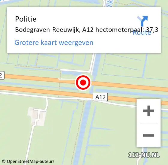 Locatie op kaart van de 112 melding: Politie Bodegraven-Reeuwijk, A12 hectometerpaal: 37,3 op 7 september 2024 08:07