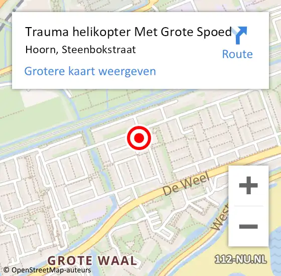 Locatie op kaart van de 112 melding: Trauma helikopter Met Grote Spoed Naar Hoorn, Steenbokstraat op 7 september 2024 09:06