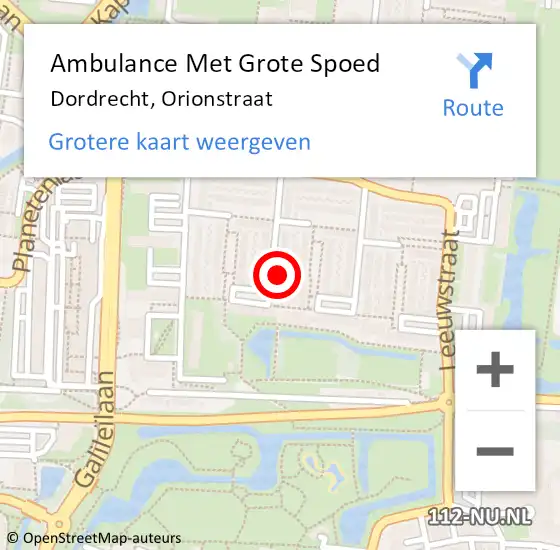 Locatie op kaart van de 112 melding: Ambulance Met Grote Spoed Naar Dordrecht, Orionstraat op 7 september 2024 09:15