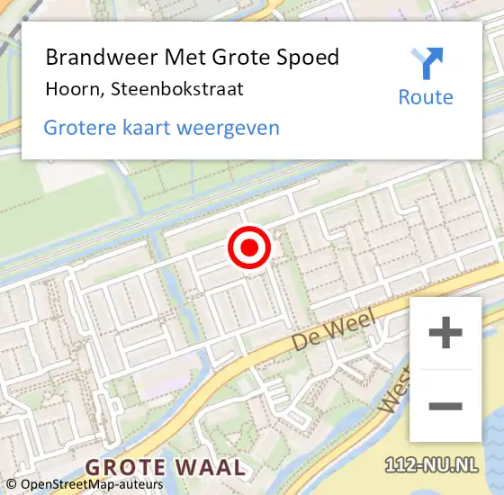 Locatie op kaart van de 112 melding: Brandweer Met Grote Spoed Naar Hoorn, Steenbokstraat op 7 september 2024 09:18