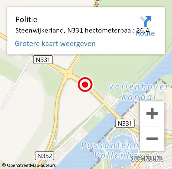 Locatie op kaart van de 112 melding: Politie Steenwijkerland, N331 hectometerpaal: 26,4 op 7 september 2024 10:36