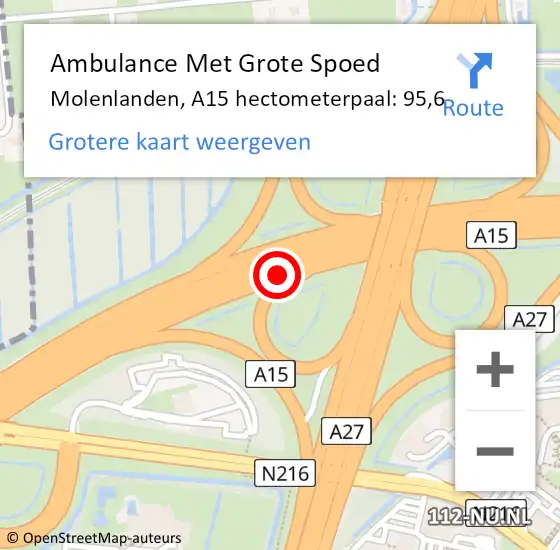 Locatie op kaart van de 112 melding: Ambulance Met Grote Spoed Naar Molenlanden, A15 hectometerpaal: 95,6 op 7 september 2024 11:12