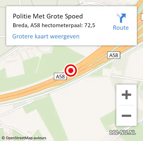 Locatie op kaart van de 112 melding: Politie Met Grote Spoed Naar Breda, A58 hectometerpaal: 72,5 op 7 september 2024 11:38