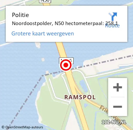 Locatie op kaart van de 112 melding: Politie Noordoostpolder, N50 hectometerpaal: 258,1 op 7 september 2024 11:47