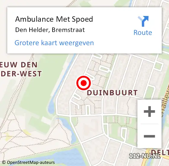 Locatie op kaart van de 112 melding: Ambulance Met Spoed Naar Den Helder, Bremstraat op 7 september 2024 12:38