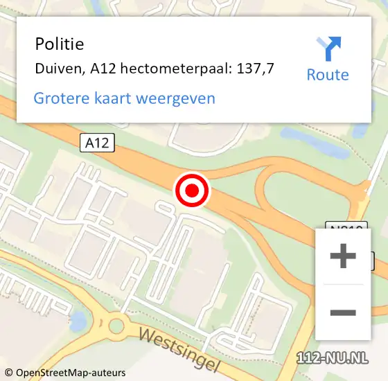 Locatie op kaart van de 112 melding: Politie Duiven, A12 hectometerpaal: 137,7 op 7 september 2024 12:51