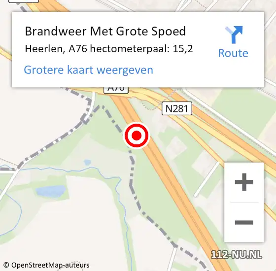 Locatie op kaart van de 112 melding: Brandweer Met Grote Spoed Naar Heerlen, A76 hectometerpaal: 15,2 op 7 september 2024 12:51