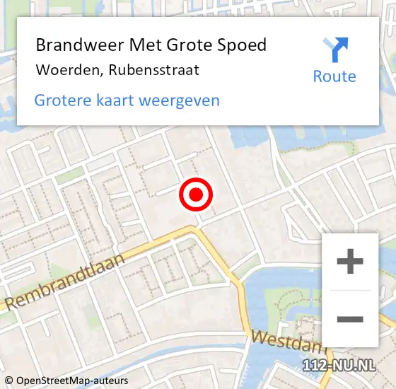 Locatie op kaart van de 112 melding: Brandweer Met Grote Spoed Naar Woerden, Rubensstraat op 7 september 2024 13:14