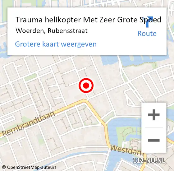 Locatie op kaart van de 112 melding: Trauma helikopter Met Zeer Grote Spoed Naar Woerden, Rubensstraat op 7 september 2024 13:15