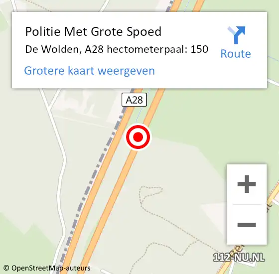 Locatie op kaart van de 112 melding: Politie Met Grote Spoed Naar De Wolden, A28 hectometerpaal: 150 op 7 september 2024 13:51