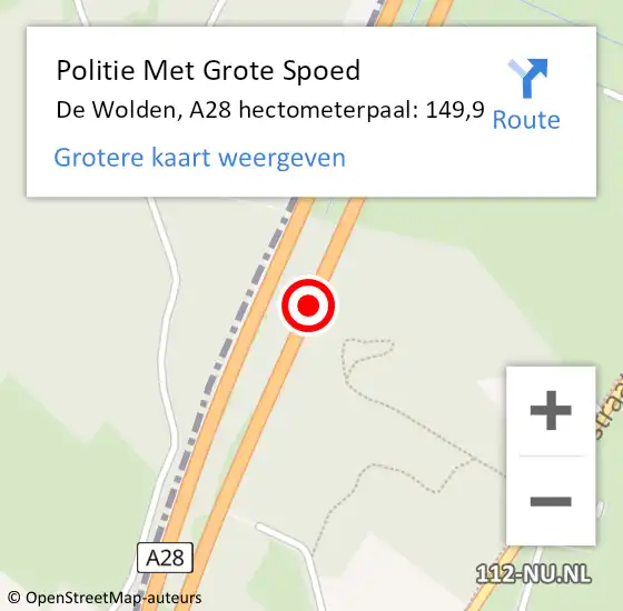 Locatie op kaart van de 112 melding: Politie Met Grote Spoed Naar De Wolden, A28 hectometerpaal: 149,9 op 7 september 2024 13:51