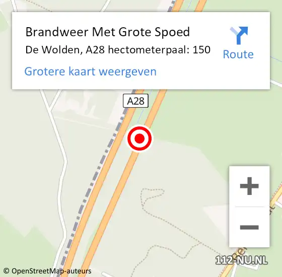 Locatie op kaart van de 112 melding: Brandweer Met Grote Spoed Naar De Wolden, A28 hectometerpaal: 150 op 7 september 2024 13:51