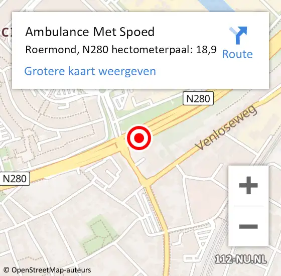 Locatie op kaart van de 112 melding: Ambulance Met Spoed Naar Roermond, N280 hectometerpaal: 18,9 op 7 september 2024 13:57