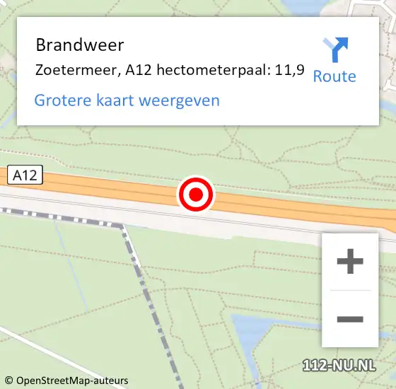 Locatie op kaart van de 112 melding: Brandweer Zoetermeer, A12 hectometerpaal: 11,9 op 7 september 2024 14:02