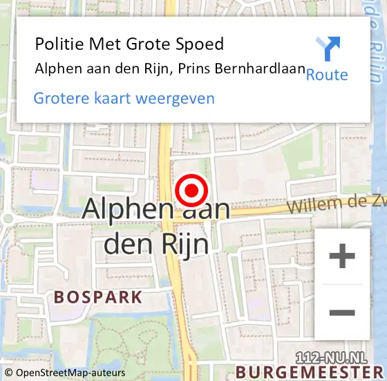 Locatie op kaart van de 112 melding: Politie Met Grote Spoed Naar Alphen aan den Rijn, Prins Bernhardlaan op 7 september 2024 14:21