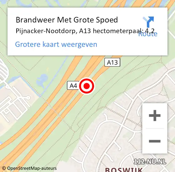 Locatie op kaart van de 112 melding: Brandweer Met Grote Spoed Naar Pijnacker-Nootdorp, A13 hectometerpaal: 4,2 op 7 september 2024 14:39