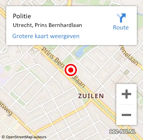 Locatie op kaart van de 112 melding: Politie Utrecht, Prins Bernhardlaan op 7 september 2024 14:40