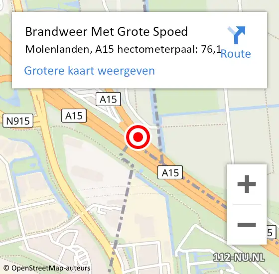 Locatie op kaart van de 112 melding: Brandweer Met Grote Spoed Naar Molenlanden, A15 hectometerpaal: 76,1 op 7 september 2024 14:50