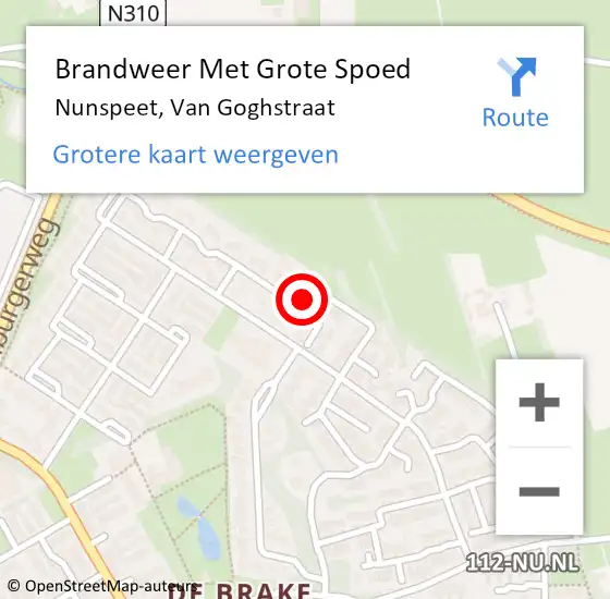 Locatie op kaart van de 112 melding: Brandweer Met Grote Spoed Naar Nunspeet, Van Goghstraat op 7 september 2024 14:53