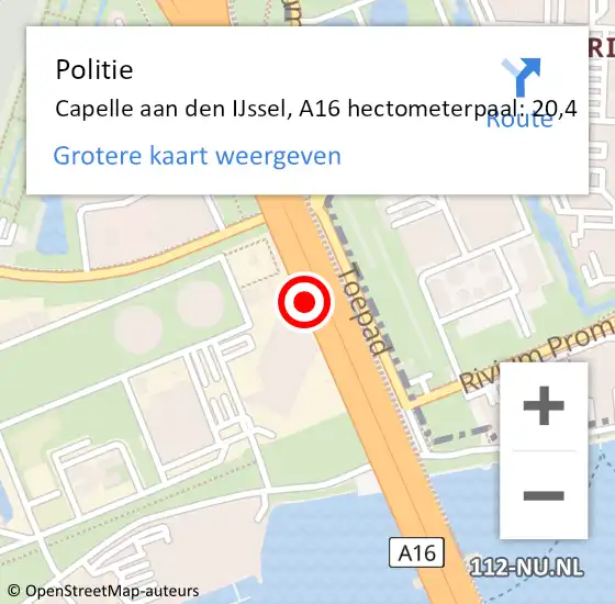 Locatie op kaart van de 112 melding: Politie Capelle aan den IJssel, A16 hectometerpaal: 20,4 op 7 september 2024 15:12