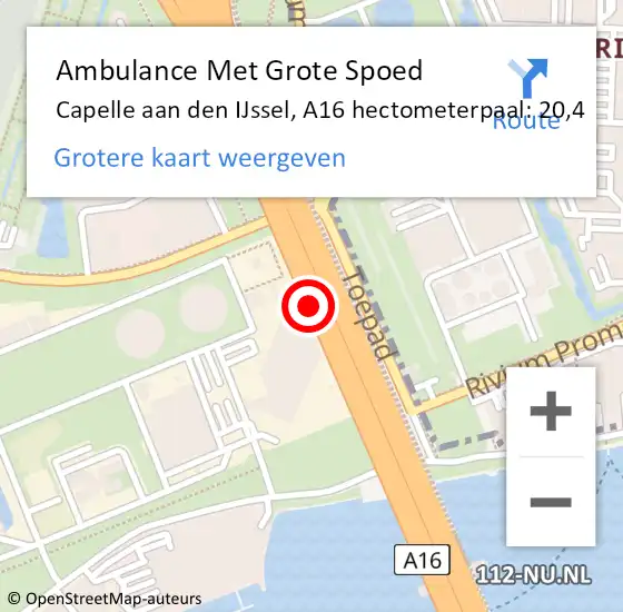 Locatie op kaart van de 112 melding: Ambulance Met Grote Spoed Naar Capelle aan den IJssel, A16 hectometerpaal: 20,4 op 7 september 2024 15:28