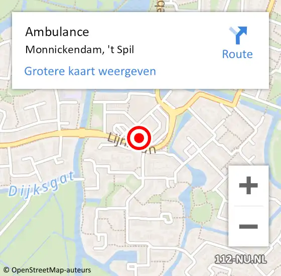 Locatie op kaart van de 112 melding: Ambulance Monnickendam, 't Spil op 7 september 2024 15:34