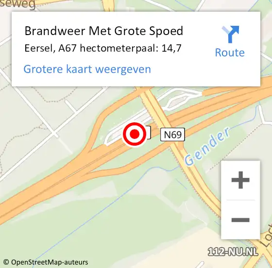 Locatie op kaart van de 112 melding: Brandweer Met Grote Spoed Naar Eersel, A67 hectometerpaal: 14,7 op 7 september 2024 16:16