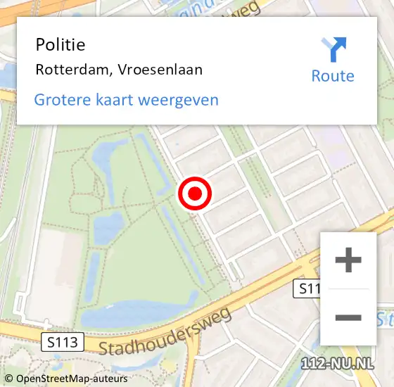 Locatie op kaart van de 112 melding: Politie Rotterdam, Vroesenlaan op 7 september 2024 16:31