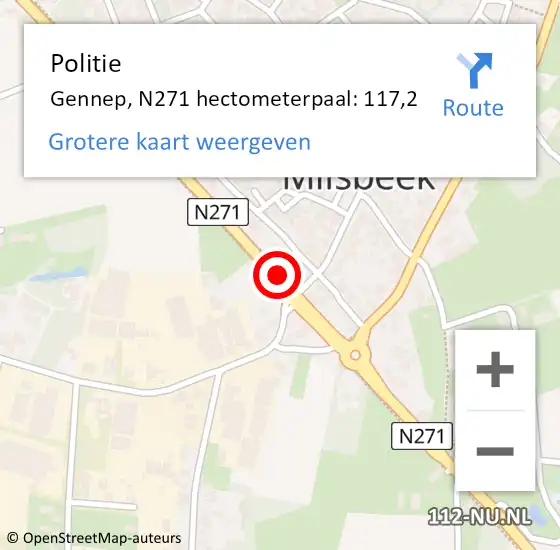 Locatie op kaart van de 112 melding: Politie Gennep, N271 hectometerpaal: 117,2 op 7 september 2024 17:04