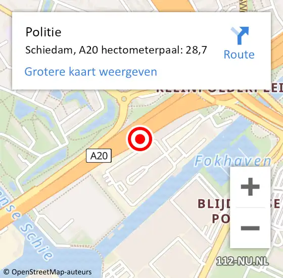 Locatie op kaart van de 112 melding: Politie Schiedam, A20 hectometerpaal: 28,7 op 7 september 2024 17:34