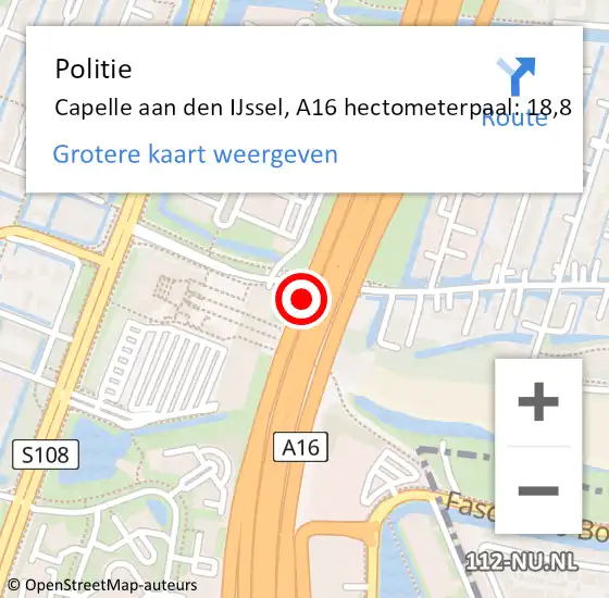 Locatie op kaart van de 112 melding: Politie Capelle aan den IJssel, A16 hectometerpaal: 18,8 op 7 september 2024 17:49