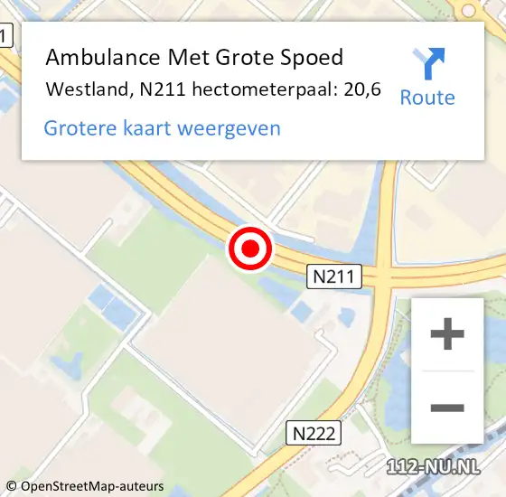 Locatie op kaart van de 112 melding: Ambulance Met Grote Spoed Naar Westland, N211 hectometerpaal: 20,6 op 7 september 2024 18:33