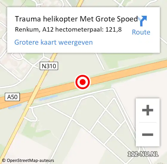 Locatie op kaart van de 112 melding: Trauma helikopter Met Grote Spoed Naar Renkum, A12 hectometerpaal: 121,8 op 7 september 2024 18:33