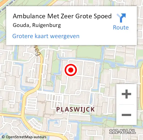 Locatie op kaart van de 112 melding: Ambulance Met Zeer Grote Spoed Naar Gouda, Ruigenburg op 7 september 2024 18:45